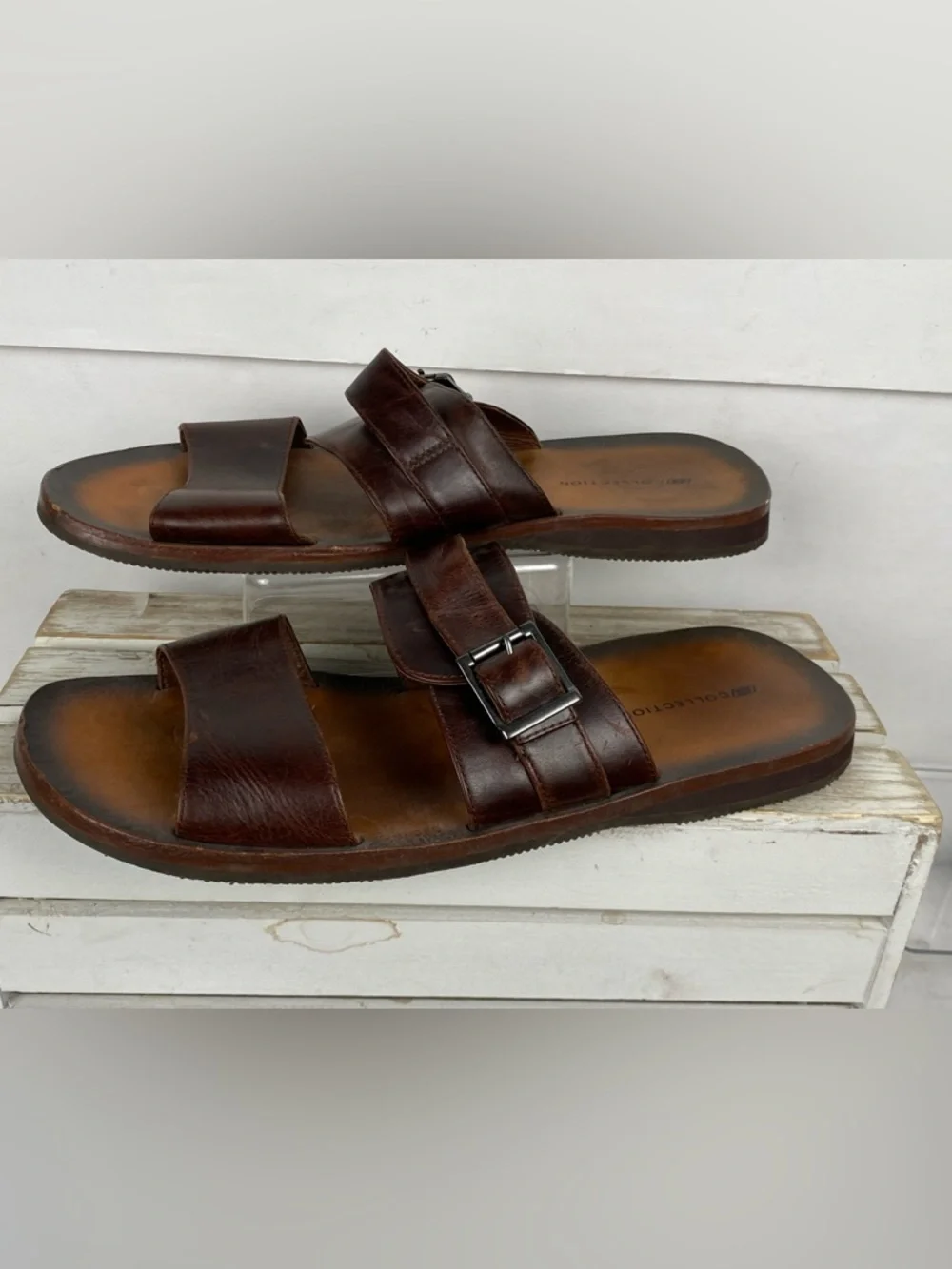 Skechers Collection Men’s leather brown slider sandals with buckle size 12